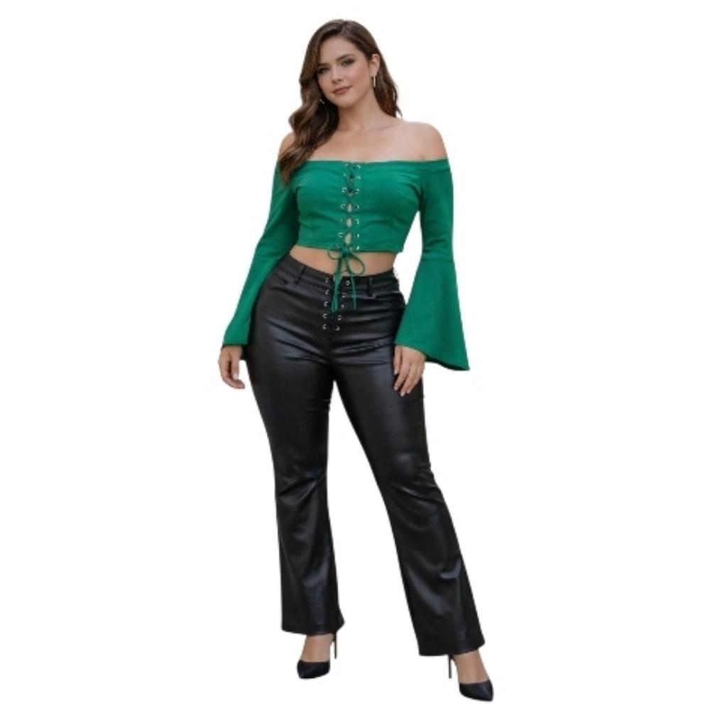 wow couture kelly green off shoulder lace up crop top blouse bell sleeves Med.